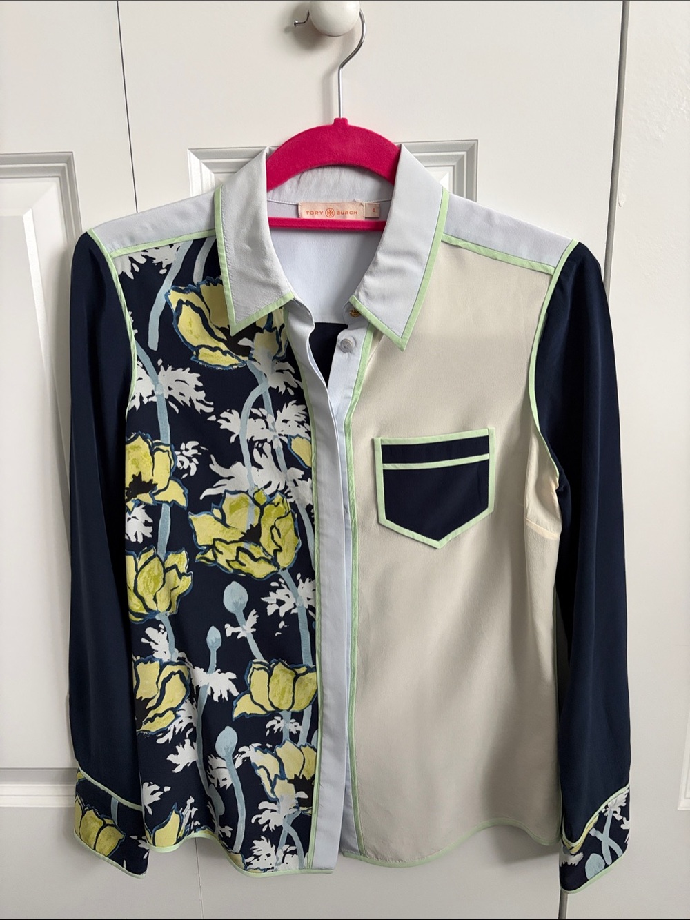 Tory Burch Navy, Cream & Yellow Floral Contrast Button-Up Blouse